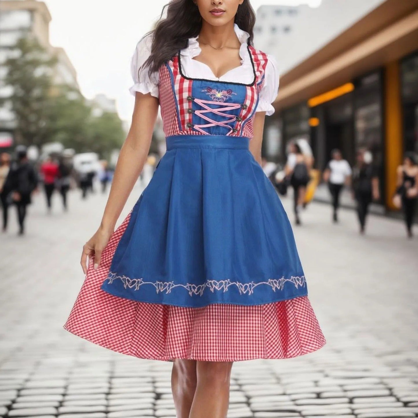 Oktoberfest dirndl met geruit patroon en korte mouwen - Arielle