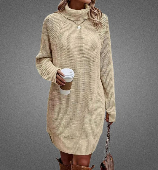 Warme jumperjurk voor dames, perfect voor koude herfst- en winterdagen, met zacht gebreid materiaal en elegant ontwerp.