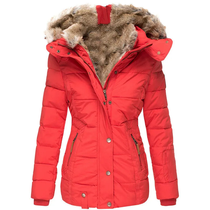 Warme Winterjacke für Frauen mit Kunstfellkapuze, ideal für kalte Herbst- und Wintertage.