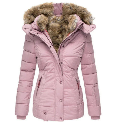 Warme Winterjacke für Frauen mit Kunstfellkapuze, ideal für kalte Herbst- und Wintertage.