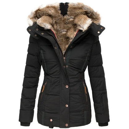 Warme Winterjacke für Frauen mit Kunstfellkapuze, ideal für kalte Herbst- und Wintertage.