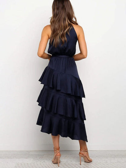Elegante blauwe maxi jurk met ruches - Gyuri